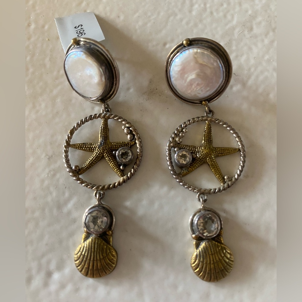 Sterling, Bronze, Coin Pearl & White Topaz Earrings